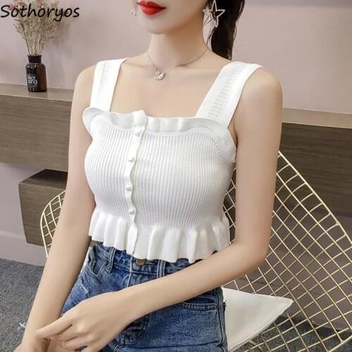 Tank Tops Women Short Ruffles Solid Summer Female Top Single Breasted Sexy Korean Style All-match Kintting Womens Fashion Vest