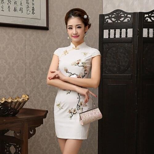 Women Silm Satin Cheongsam Qipao Short Chinese Dress Female Flower Retro Chinese Wedding Dress Evening Party Dress 18