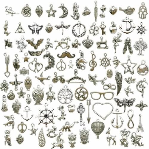 100Pcs Alloy Silver pendant earrings necklace pendant Bracelet accessories pendant 100 style earring set diy Jewelry accessories