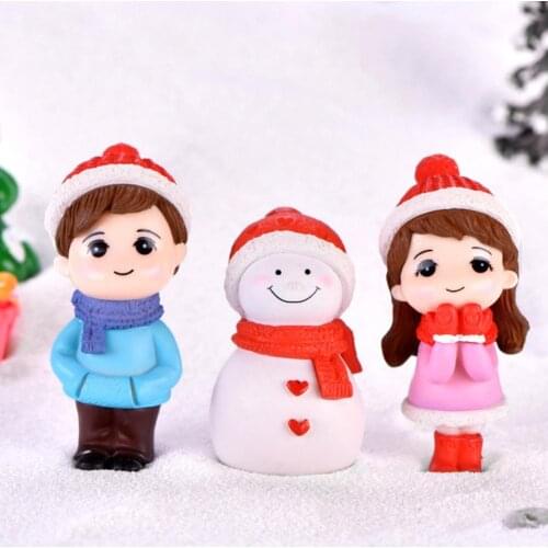 3pcs Lovely Couple Snowman Model Figurines Miniature Craft Fairy Garden Gnome Moss Terrarium Gift DIY Ornament Garden Decor