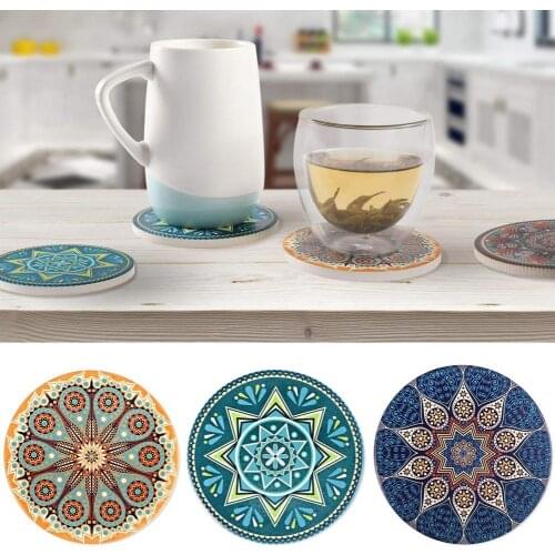 4Pcs Absorbent Ceramic Stone Coaster Cork Back Bohemian Style Mat Cup Glass Pad Set