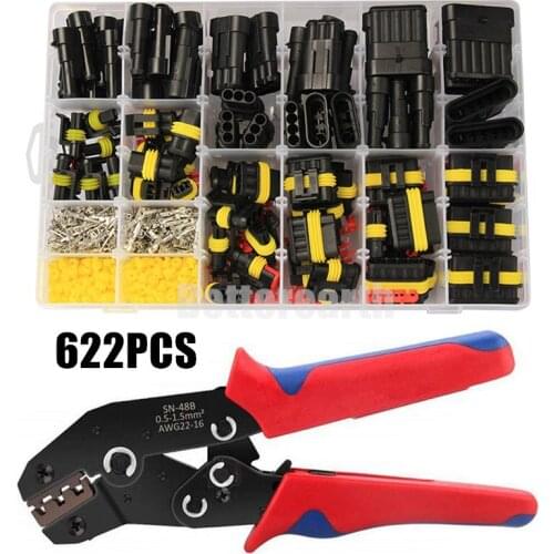 622PCS Car Electrical Wire Connector Plug Automotive Waterproof 1/2/3/4 Pin Motocycle Truck Harness Male Female crimping pliers