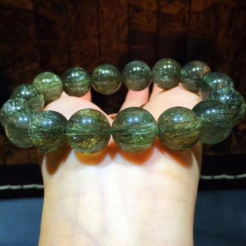 Genuine Natural Green Rutilated Quartz Cat Eye Women Man Charm Stretch Healing Round Beads Bracelet 14mm AAAAA Certificate