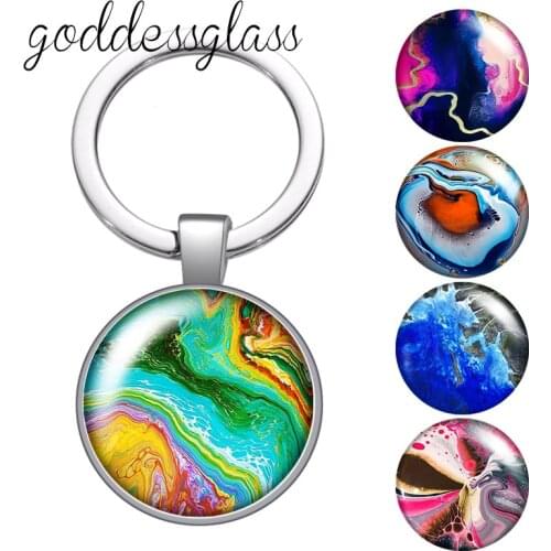 Colorful igment river style Gradient patterns Round glass cabochon keychain Bag Car key chain Ring Holder Charms keychains gift