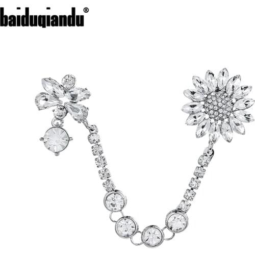 Baiduqiandu Brand New Arrival Crystal Rhinestones Flower Chain Brooch Collar Lapel Pins