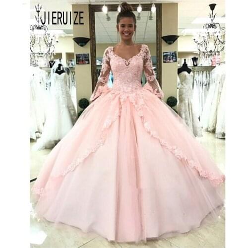 JIERUIZE Pink Blackless Ball Gown Wedding Dresses V Neck Illusion Long Sleeve Lace Appliques Bridal Gowns vestido de noiva