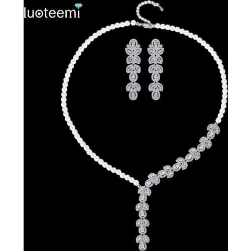 LUOTEEMI New Delicate Jewelry Sets Micro Paved Tiny CZ with Imitation Pearls Earrings Necklace Choker for Women Wedding Bijoux