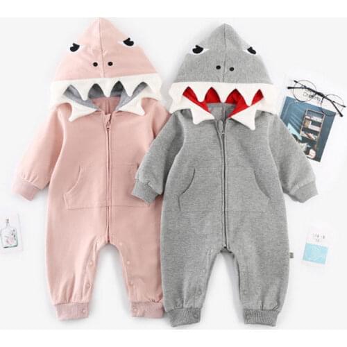 Cute Baby Boy Girl 3D Shark Romper Jumpsuit Winter Hooded Playsuit Costume Baby Clothes