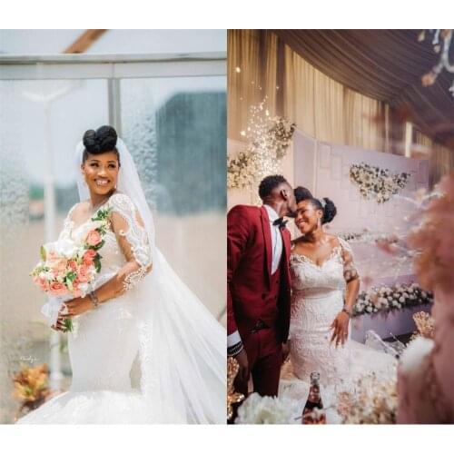 Lace Appliqued Long Sleeves Mermaid Wedding Dress Afrrican Sheer Lace Black Girl Plus Size Bridal Gowwn Custom Made 2022