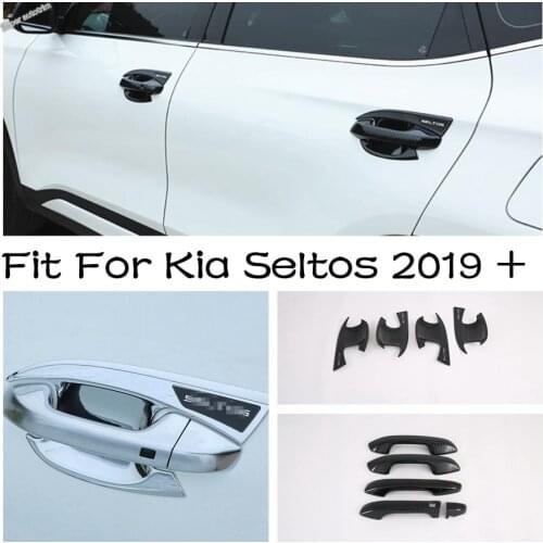 Door Handle Catch Cap + Bowl Frame Cover Trim Protection Kit Shiny / Carbon Fiber For Kia Seltos 2019 2020 2021 Auto Styling