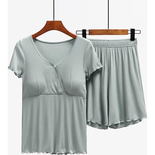 Summer breastfeeding outing suit short-sleeved shorts solid color V-neck shorts pink sweet short-sleeved thin spring casual suit