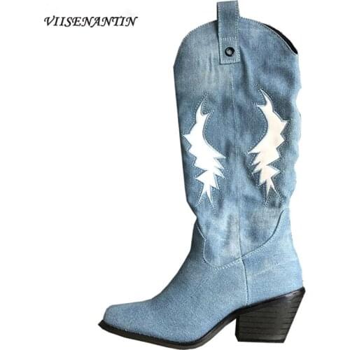 Hot Selling Sqaure Toe Old-made Comfort Block Heel Autumn Winter Denim Blue Knee-High Long Boots Slip-on Sewing Cowboy Shoes