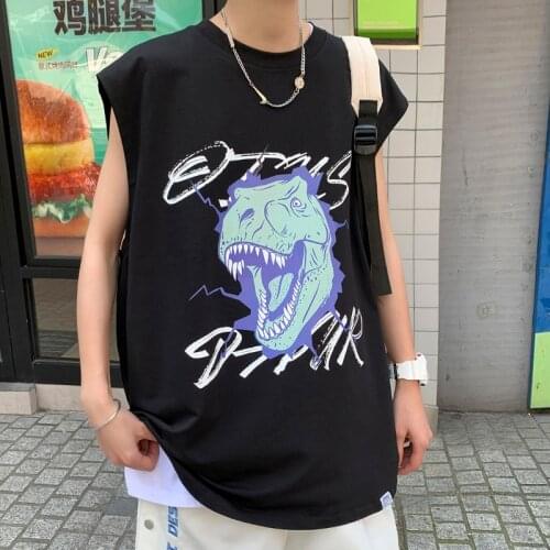 Dinosaur Graphic Print Tank Top for Men Korean Fashion Sleeveless Pattern Streetwear Top Running Gym Workout Slim Hip Hop Vest