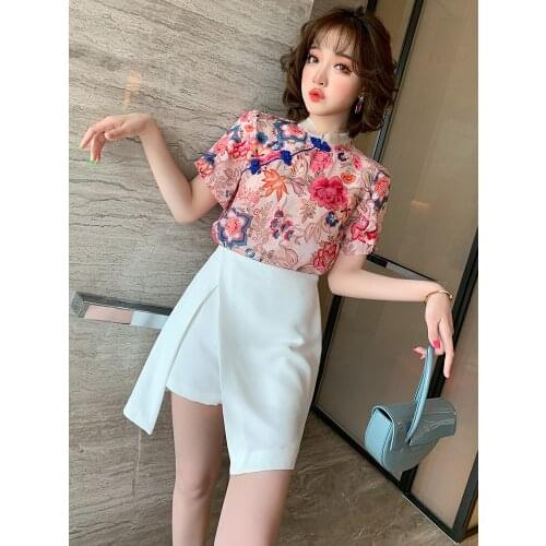 Trendy Stand Collar Frog Silk Printed Cheongsam Top + Design Split Skirt Suit, Female Fashion Summer New