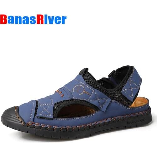 2021 Summer Mens Leather Sandals Fashion Breathable Lightweight Beach Shoes Outdoor Non-slip Soft Gladiator Big Size Footwear