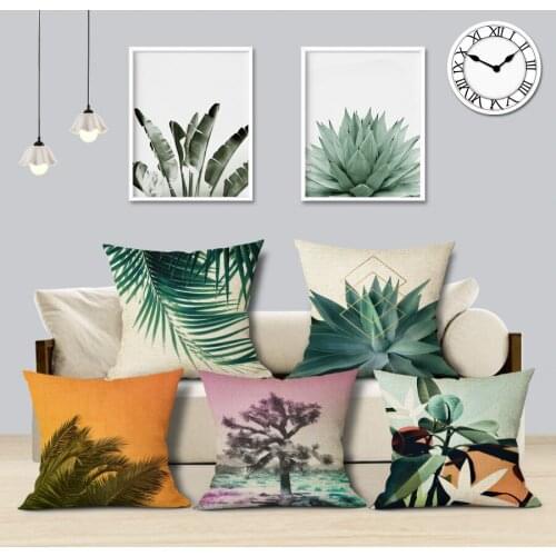 Plant cushion cover tropical jungle green leaves home sofa decorative pillows square linen print custom throw pillows 45Cmx45Cm