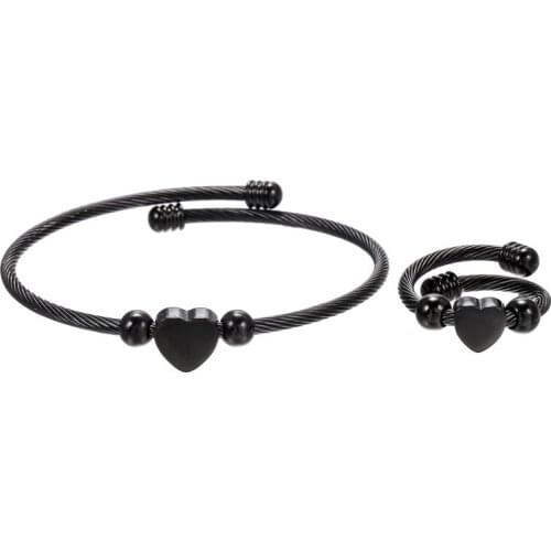 Couple Unisex Set Tiny Heart Connectted Copper Beads Stainless Steel Different Charm Cuff End Shapes Adjustable Bangle Ring 2020