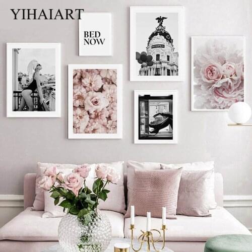 Nordic Pink Floral Wall Art Canvas Print Fashion Woman Poster Black White Photography Painting Girl Room Decoration Picture