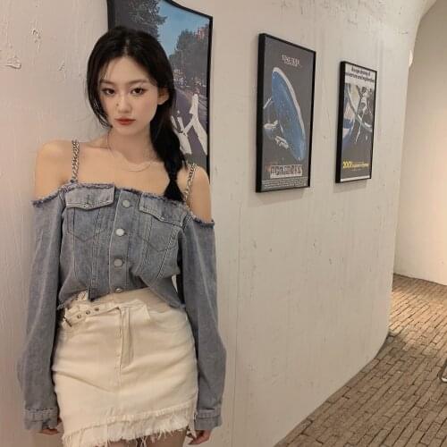 Design sling chain off shoulder hot girl style blouse jacket women autumn 2021 new retro denim tops