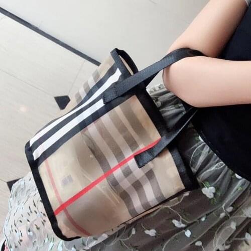 Women Fashion Plaid Transparent Mesh Wash Bag Bucket Makeup Toiletry Storage Handbag Cosmetic Beach Swimming Shopper Travel