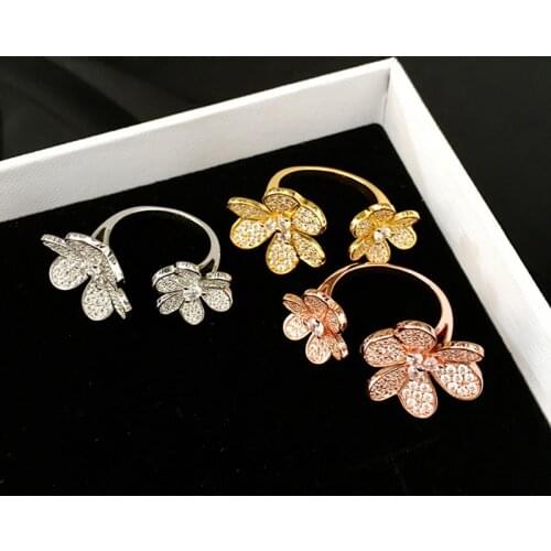 Top Quality Fashion Mosaic Pave AAA+ CZ Flower Clovers Ring Gold Silver Plated Charm Cuff Free Ring For Women