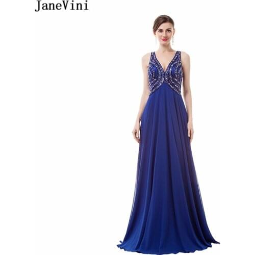 JaneVini Royal Blue A Line Long Bridesmaid Dresses with Beading Backless Floor Length Formal Prom Party Gowns Robe Demoiselle
