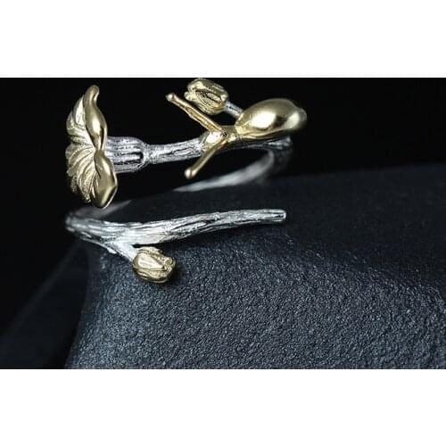 Animal Snail Lotus Leaves Rings Real 925 Sterling Silver For Women Unique Design Vintage Open Ring Fine Jewelry
