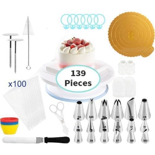 139pcs Cake Turntable Rotating Decorating Turntable Silicone Cup Brush Pastry Bag Tips Anti-skid Round Cake Stand Rotary Table