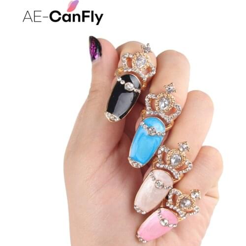 AE-CANFLY 4PCS Enamel Fingertip Rings for Women Crown Rhinestone Above Knuckle Finger Nail Art Ring Set RJ134