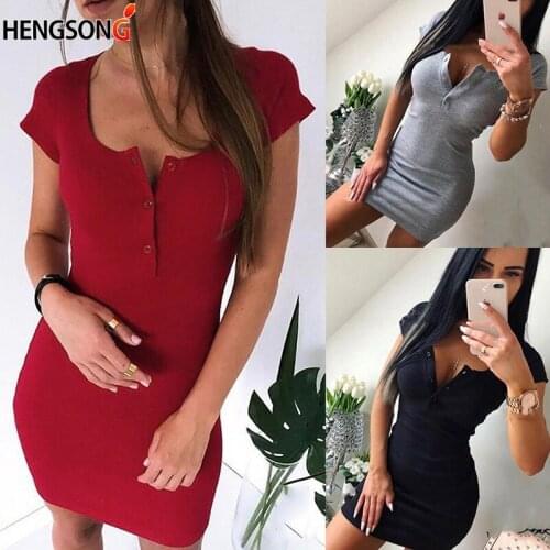 Summer Dress 2021 Fall Women Sexy Casual Knit Sheath Mini Dresses Ladies Solid V Neck Chest Button Short Sleeve Bodycon Dress