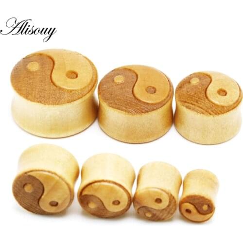 Alisouy 1Pair Tai Chi Nature Wood Ear Tunnel Plug Double Flared Saddle Plugs Gauge Ear Expander Stretchers Piercing Body Jewelry