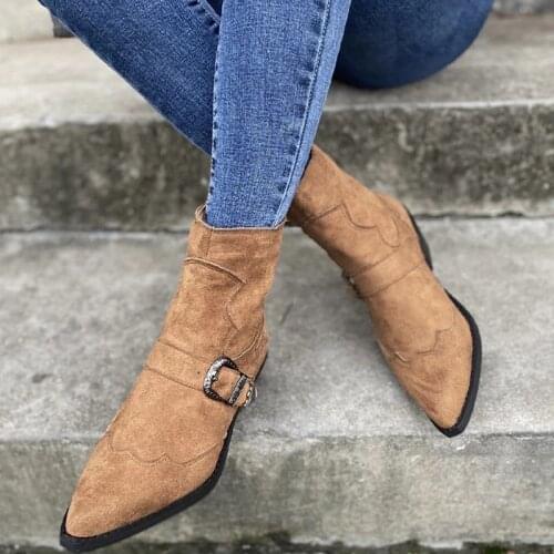 Women Ankle Boots Fashion Retro Exquisite Buckle Boots Woman Autumn Winter Pointed Toe Zip Shoes Female Low Heels Plus Size 43
