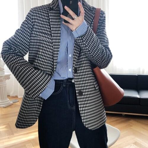 Vintage Loose Women Plaid Blazer Jackets Stylish Long Sleeve Single-Breasted Female Blazer 2021 Spring Suit Coats Femme BL8013