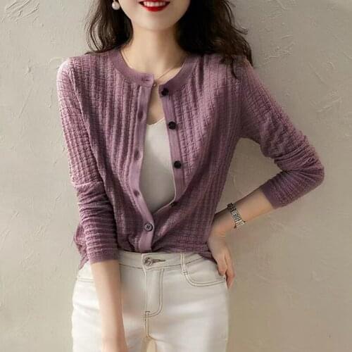 Harteen Korean Fashion New Cardigan Woman Sweater Soild Plaid Long Sleeve O Neck Slingle Breasted Knitted Sweater Femal Tops