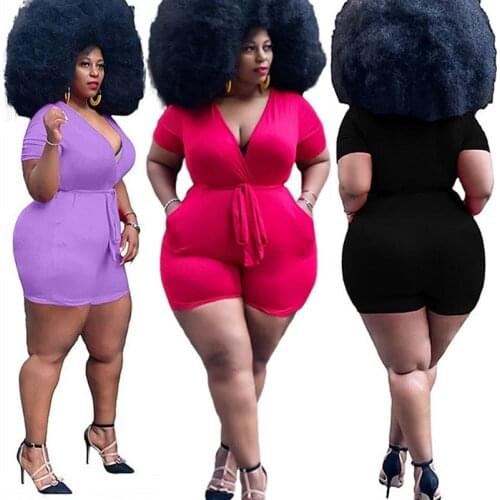 5XL Plus Size Jumpsuit Women Wholesale V Neck Pockets Solid Color Casual Playsuits Bodycon Stretch Summer Bodysuit Dropshipping