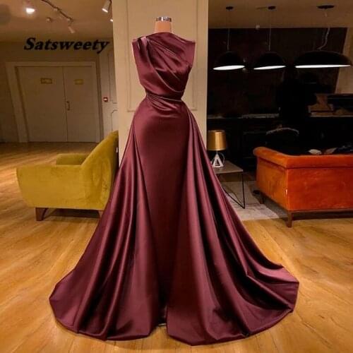 Abendkleider 2021 Burgundy Moroccan Kaftan Muslim Evening Gown Pleat Satin Arabic Mermaid Dubai Formal Dress Long Vestidos
