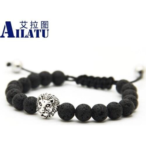 Ailatu Fashion Braided Jewelry 8mm Volcano Stone Beads Macrame Lion Head Bracelet