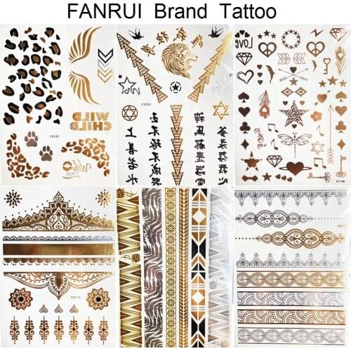 Lion Bracelet Gold Metallic Temporary Tattoo Stickers Girls Body Arm Chinese Character Flash Fake Tattoo Women Legs Tatto Chains