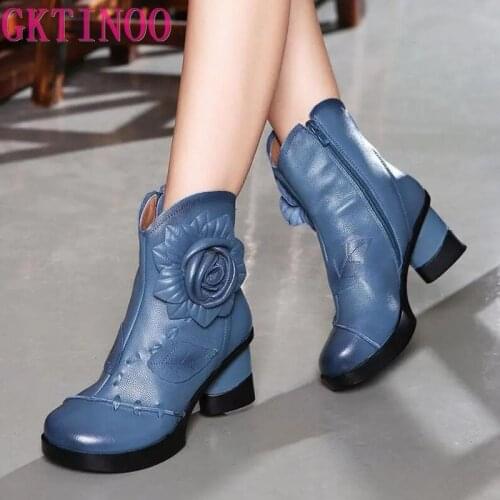 GKTINOO Women Genuine Leather Boots 2021 Fashion Handmade Retro Boots High Heels Ankle Boots Female Cowhide Floral Shoes