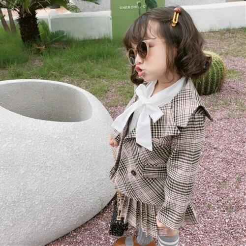 Preppy Style Litter Girls Clothing Set 2019 Autumn Double-breasted Plaid Blazer Coat+Pleated Skirt Princess Suit Girls Clothes