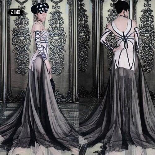 One Piece Long Sleeve Trailing Dress sexy Singer Stage Wear Printed Rivet Long Dress party birthday Dancer Performance Costumes