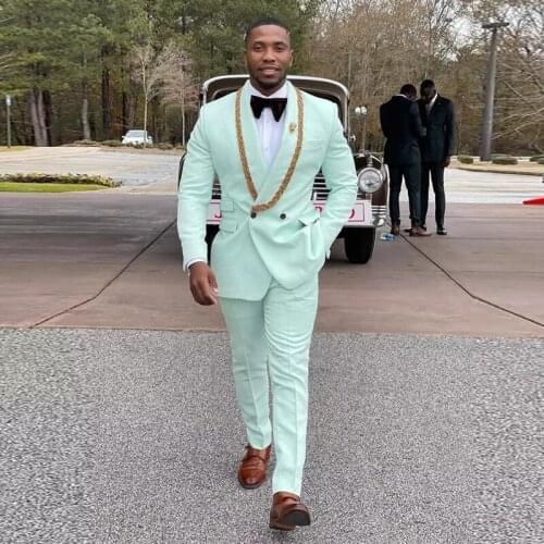 Mint Greem Slim Fit Wedding Tuxedos Double Breasted Shawl Lapel Jacket Pants Customise Groom Wears