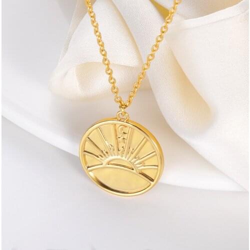 Stainless Steel Minimal Disc Coin Necklace Plated Sunrise Totem Pendent Necklaces For Charm Women Birthday Party Fashion Jewelry