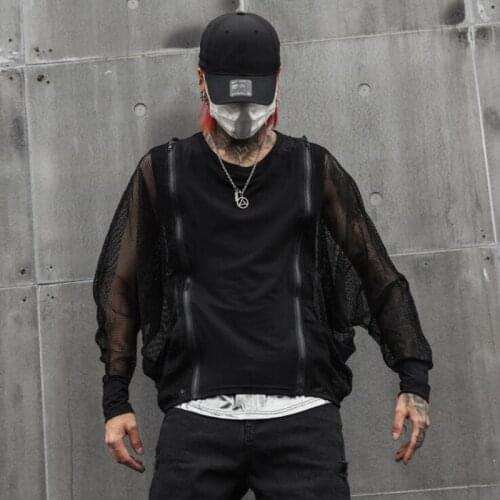 Nightclub DJ singer punk rock double zipper mesh long sleeve t shirt stage costume mens hollow out sexy vintage oversized tees