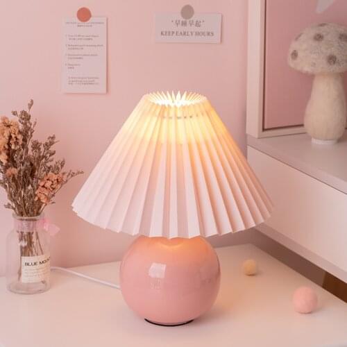 Pleated table lamp Chinese and Korean style folding table lampshade warm bedroom bedside lamp Pink beige multi-color optional