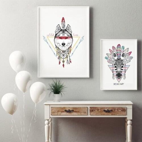 Wolf And Zebra Boho Posters and Prints American Tribal Feather Totem Wall Art Canvas Painting Pictures Home Room Art Decor
