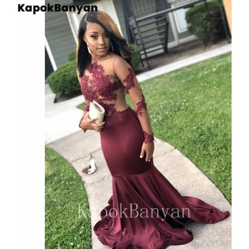 Transparent Mesh Lace Backless Long Sleeves Satin Mermaid Long Prom Dresses Party Evening Gown