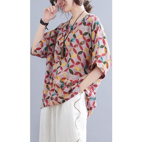 Batwing Sleeve Loose Summer T Shirts Thin Soft Cotton Fashion Womens Tops Print Floral Holiday Travel Casual T-shirt Tees Shirt