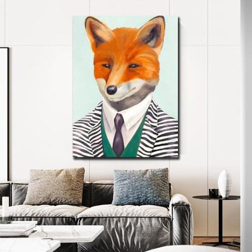Modern Style Fox Canvas Painting Wall Art Posters And Prints Funny Animals Get Clothes for Nordic Kids Room Home Decoration