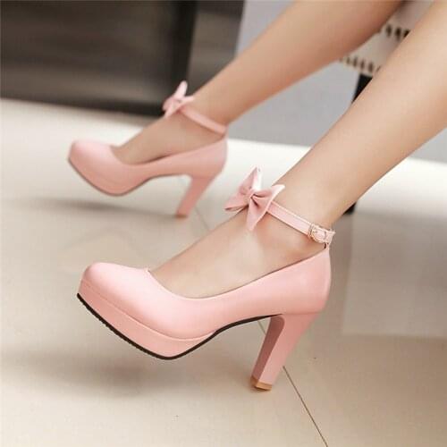 YMECHIC Ladies Party Bride White Wedding Shoes Sweet Cute Platform Ankle Bowtie Strap High Heels Pumps Pink Black Office Pumps